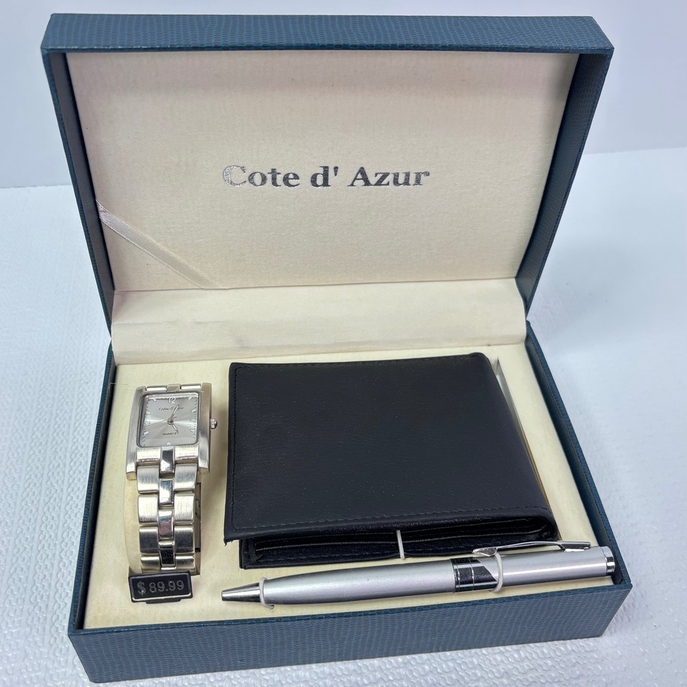 Cote dAzur Mens Watch Wallet Pen Gift Set Silver Tone Rectangle Face Black NIB‎